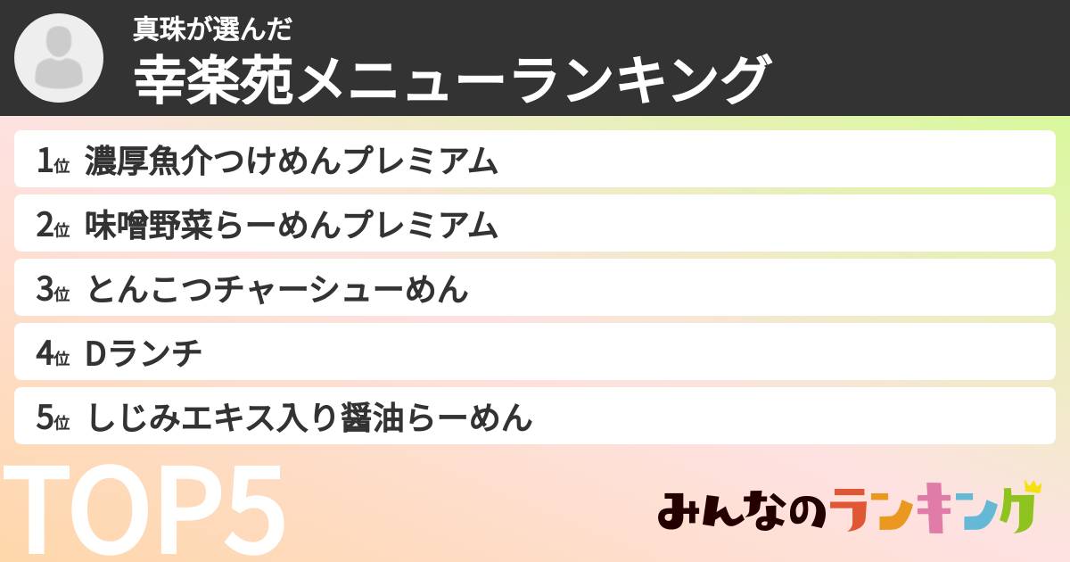 真珠さんの「幸楽苑メニューランキング」