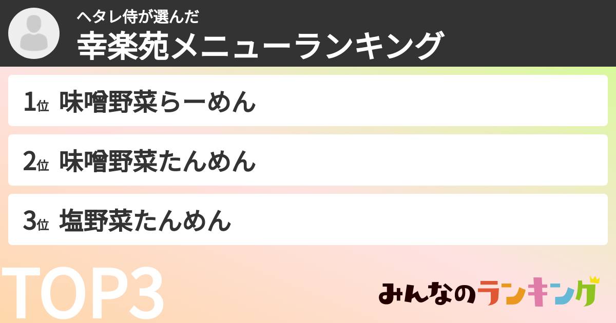 ヘタレ侍さんの「幸楽苑メニューランキング」