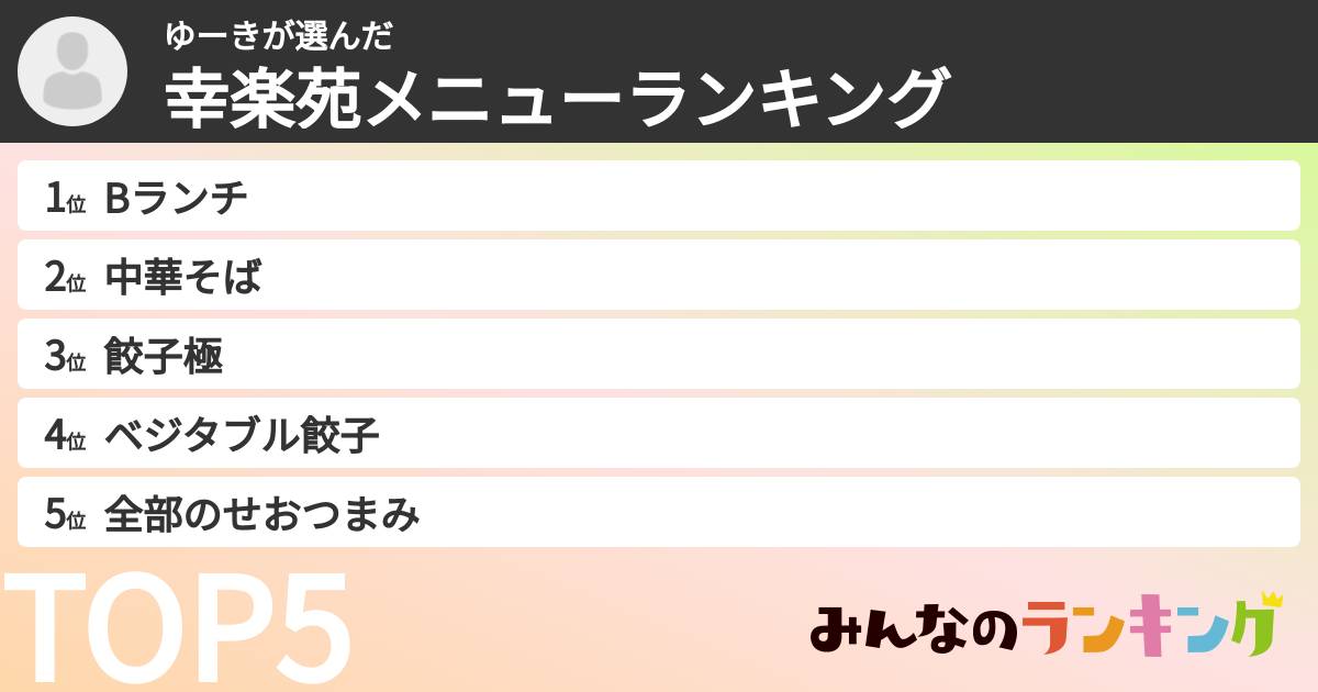 ゆーきさんの「幸楽苑メニューランキング」