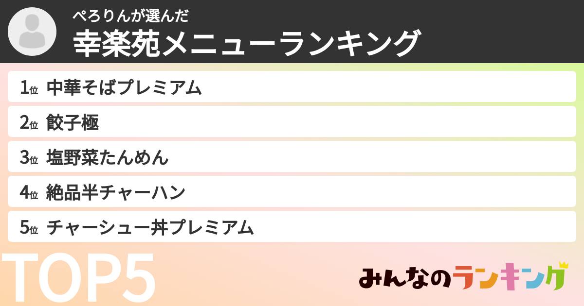 ぺろりんさんの「幸楽苑メニューランキング」