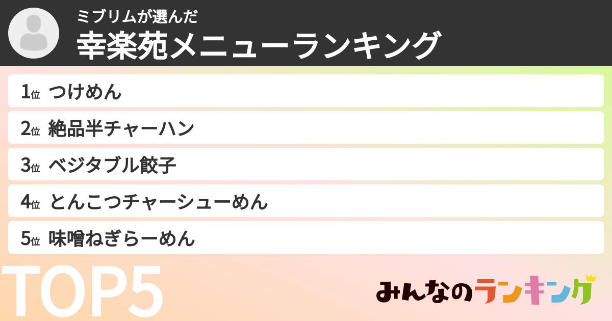 ミブリムさんの「幸楽苑メニューランキング」