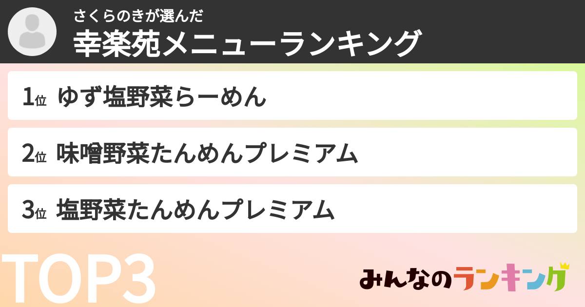 さくらのきさんの「幸楽苑メニューランキング」