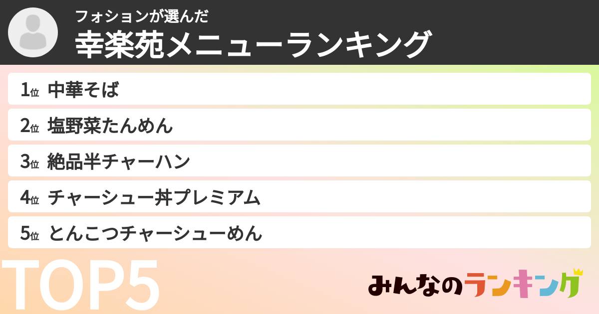 フォションさんの「幸楽苑メニューランキング」