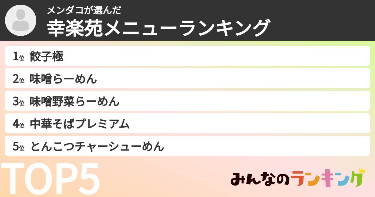 メンダコさんの「幸楽苑メニューランキング」
