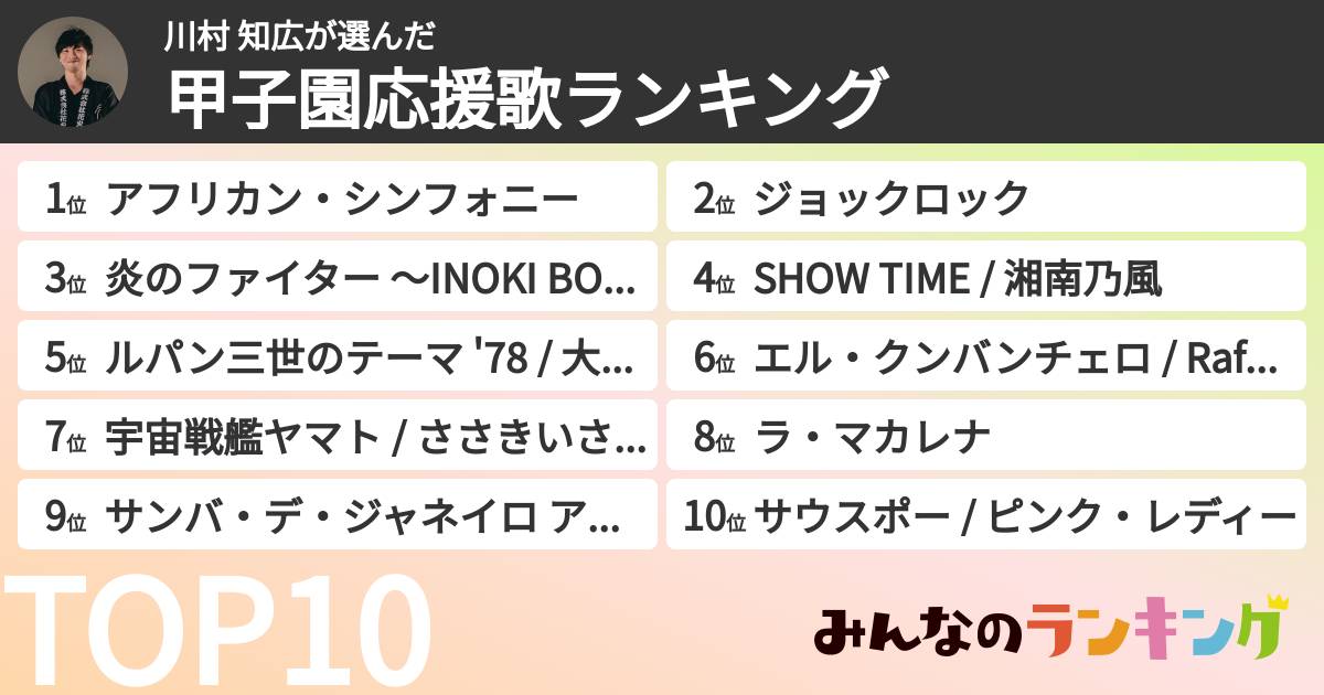 川村 知広さんの「甲子園応援歌ランキング」