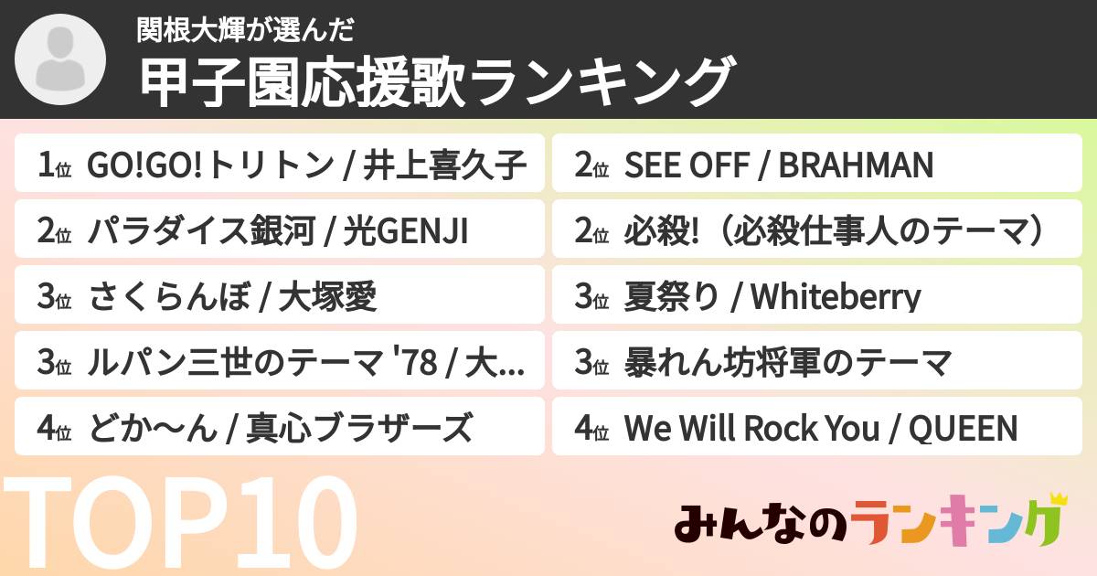 関根大輝さんの「甲子園応援歌ランキング」