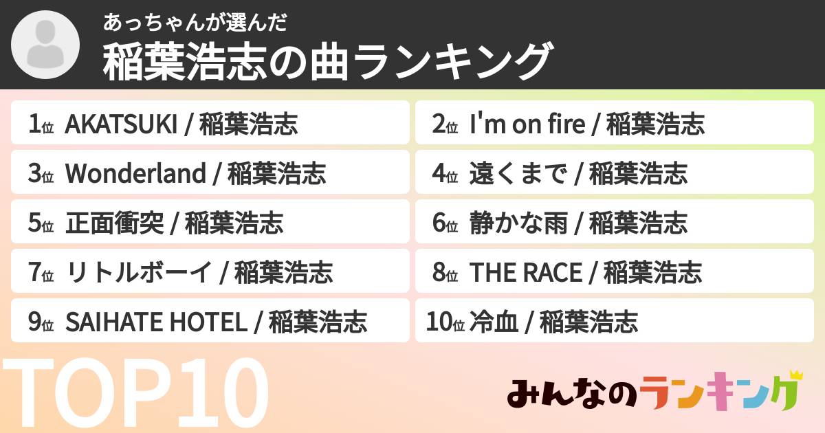 あっちゃんさんの「稲葉浩志の曲ランキング」