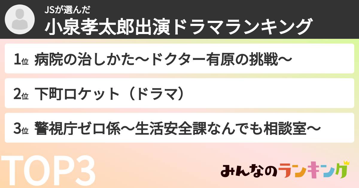 JSさんの「小泉孝太郎出演ドラマランキング」