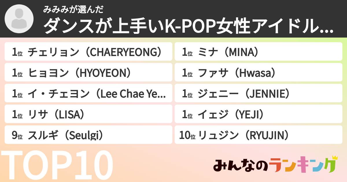 みみみさんの「ダンスが上手いK-POP女性アイドルランキング」