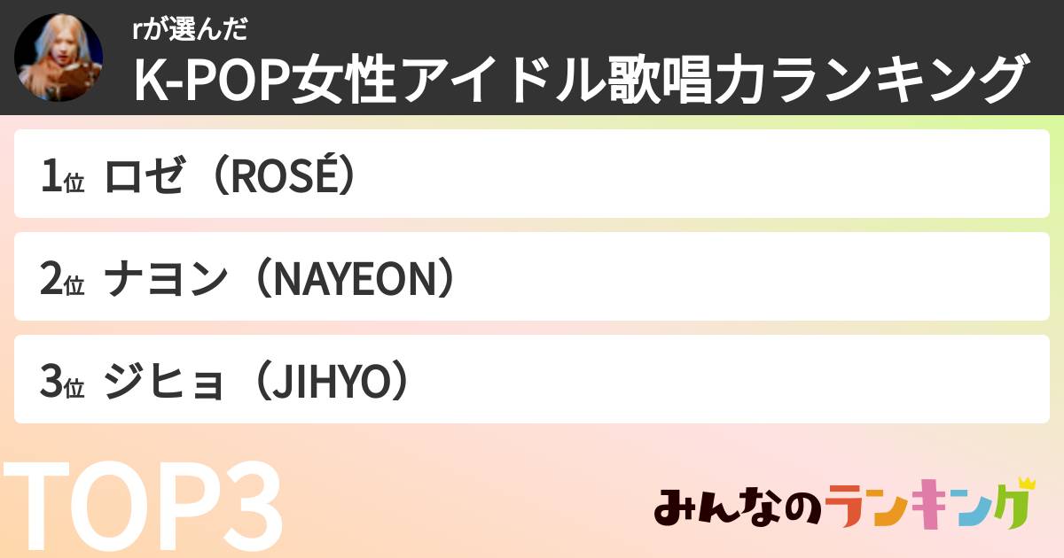 rさんの「K-POP女性アイドル歌唱力ランキング」