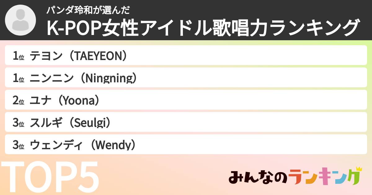 パンダ玲和さんの「K-POP女性アイドル歌唱力ランキング」