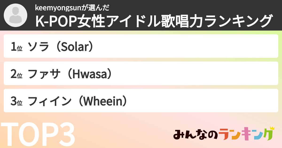 keemyongsunさんの「K-POP女性アイドル歌唱力ランキング」