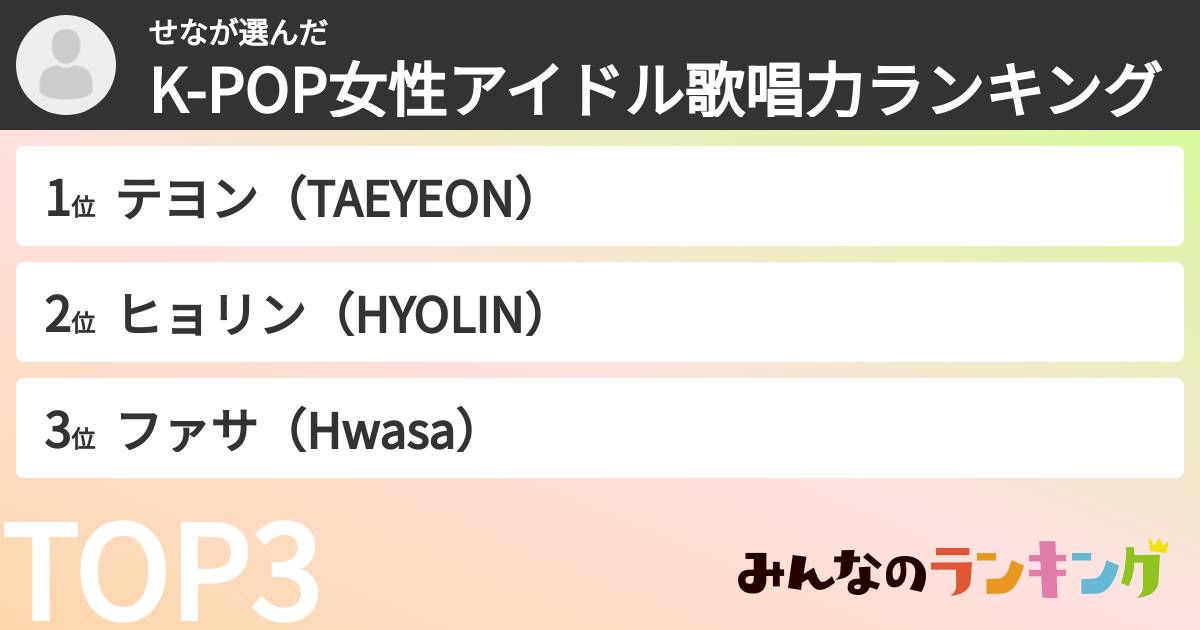 せなさんの「K-POP女性アイドル歌唱力ランキング」