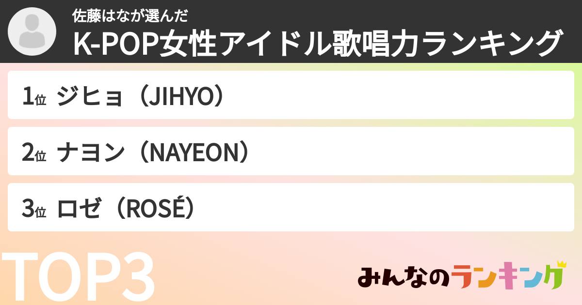 佐藤はなさんの「K-POP女性アイドル歌唱力ランキング」
