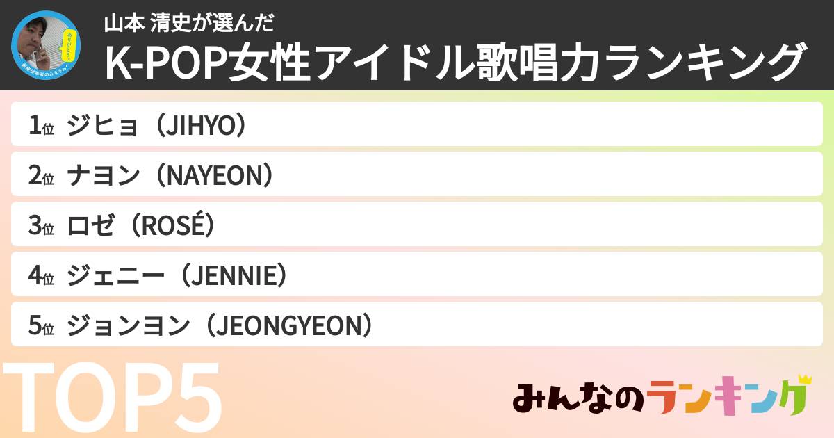 山本 清史さんの「K-POP女性アイドル歌唱力ランキング」