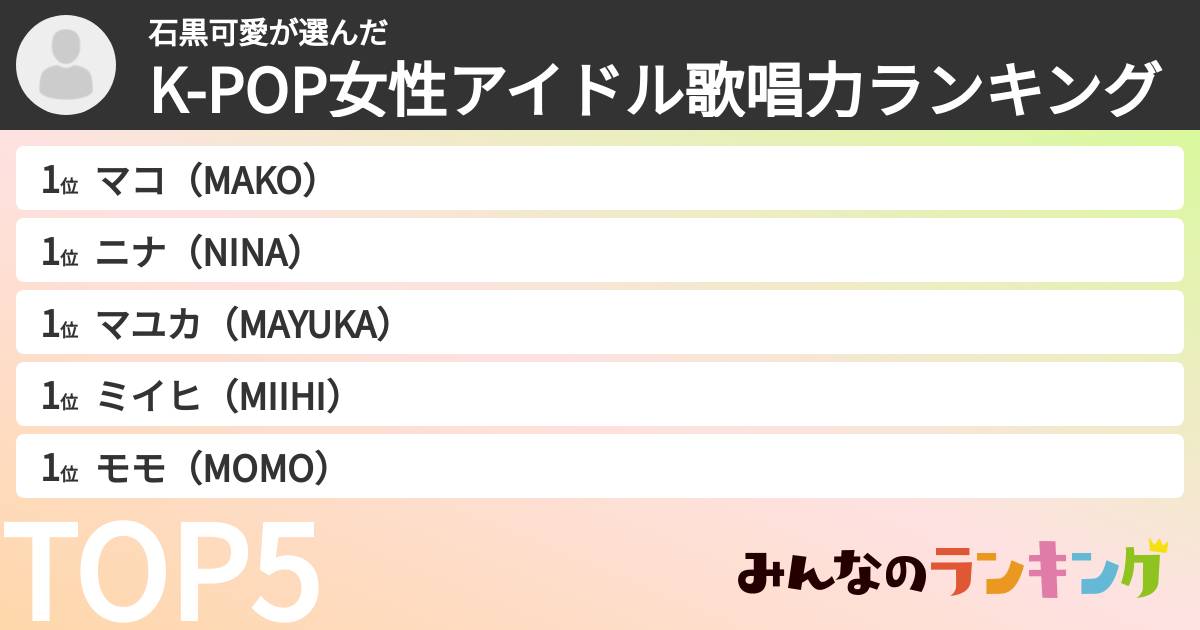 石黒可愛さんの「K-POP女性アイドル歌唱力ランキング」