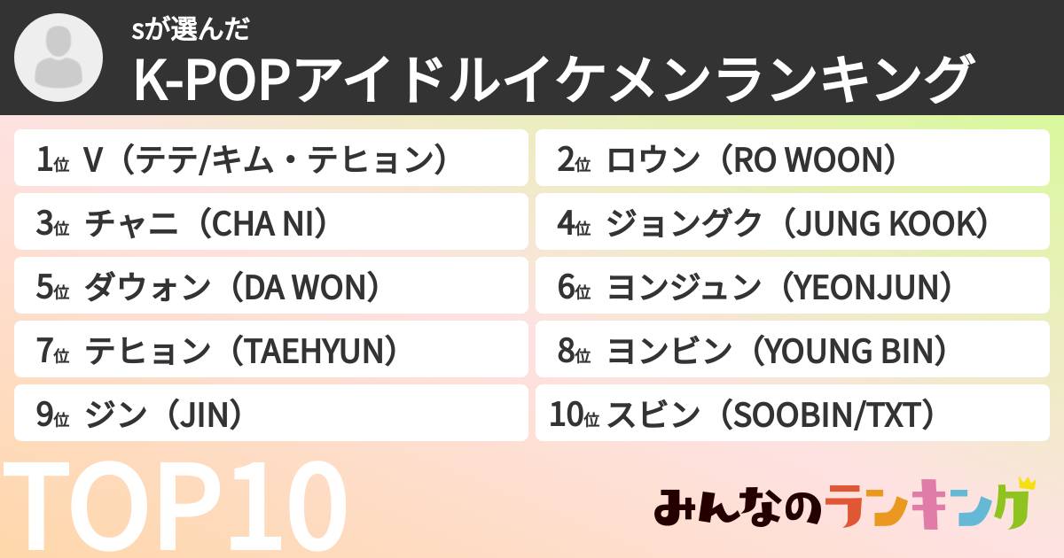 sさんの「K-POPアイドルイケメンランキング」