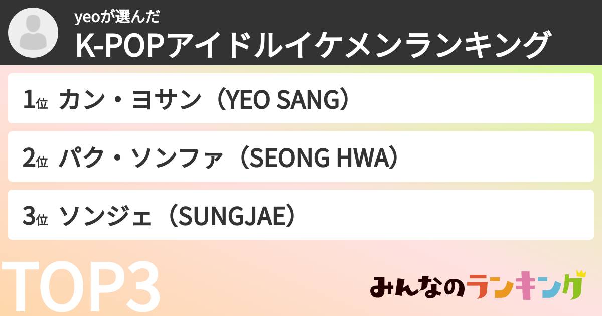 yeoさんの「K-POPアイドルイケメンランキング」