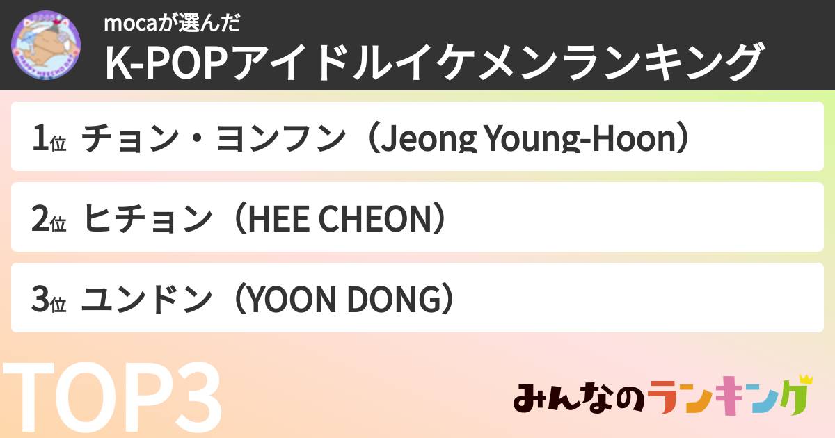 mocaさんの「K-POPアイドルイケメンランキング」