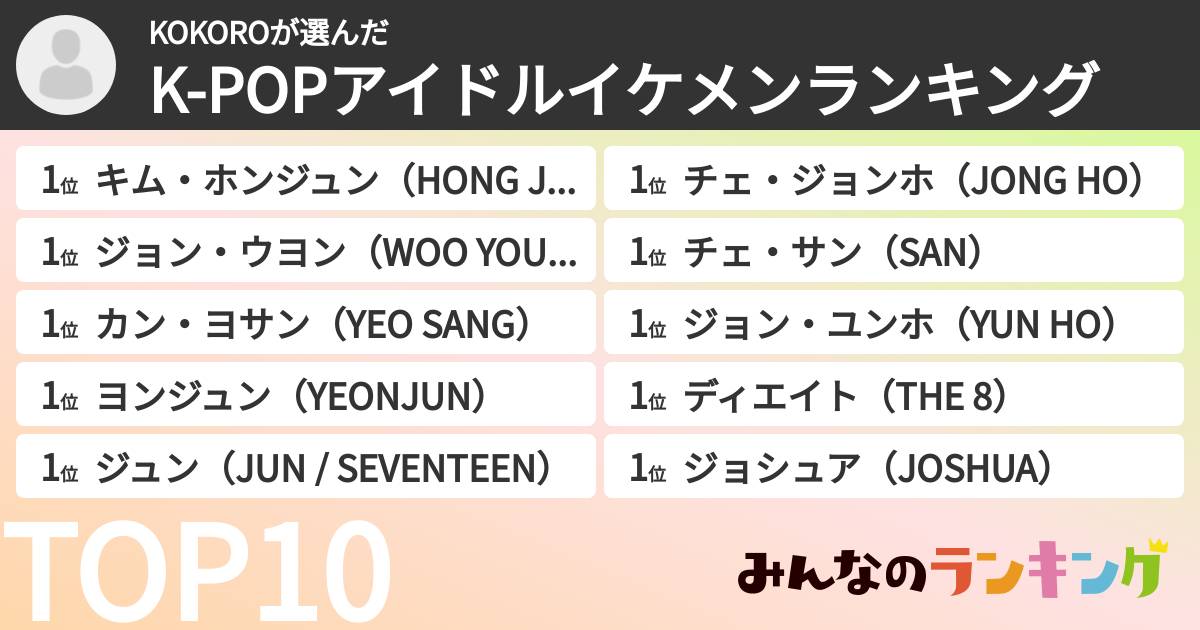 KOKOROさんの「K-POPアイドルイケメンランキング」