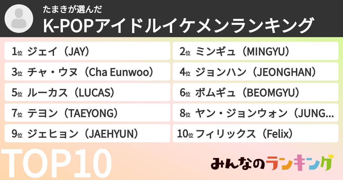 たまきさんの「K-POPアイドルイケメンランキング」