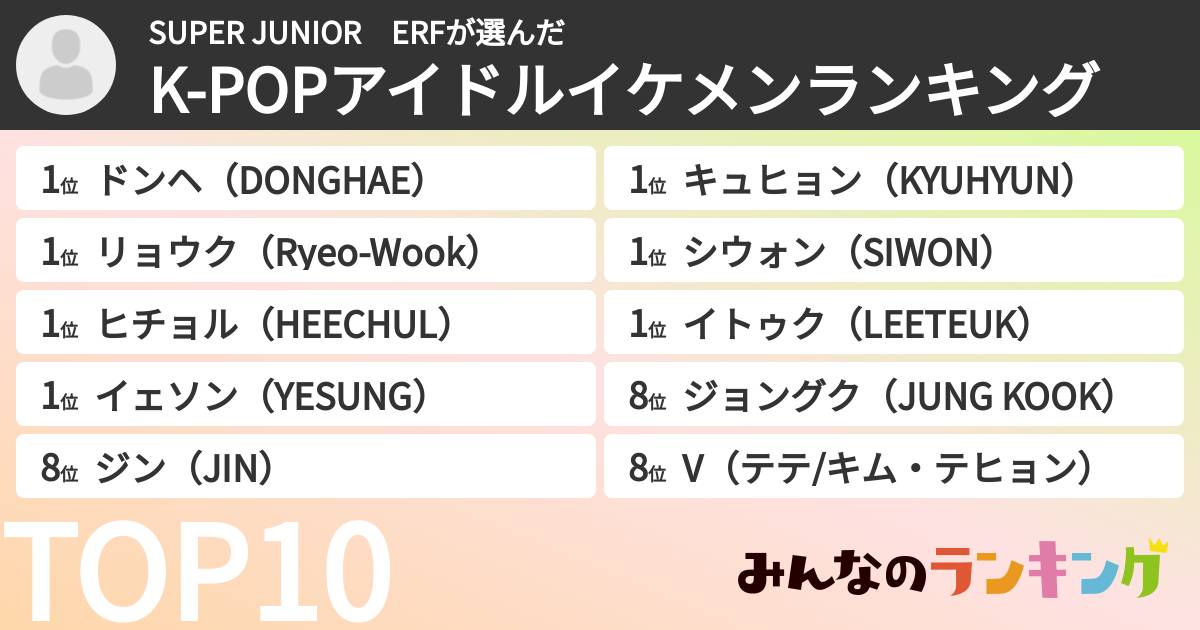 SUPER JUNIOR　ERFさんの「K-POPアイドルイケメンランキング」