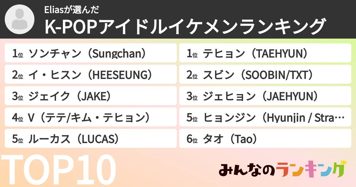 Eliasさんの「K-POPアイドルイケメンランキング」
