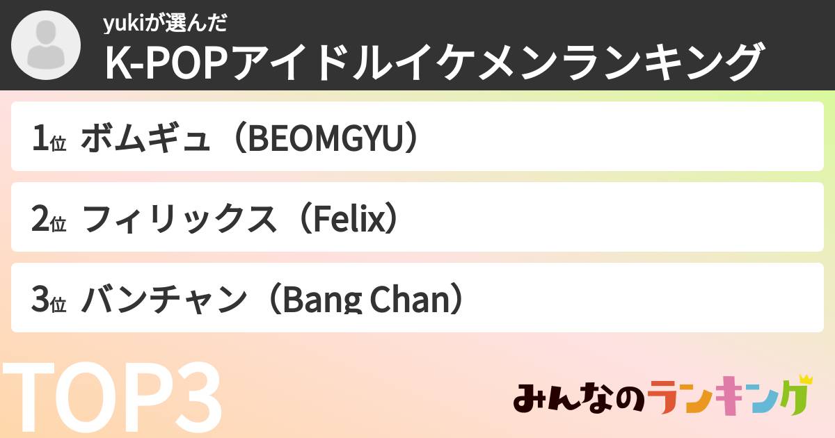 yukiさんの「K-POPアイドルイケメンランキング」