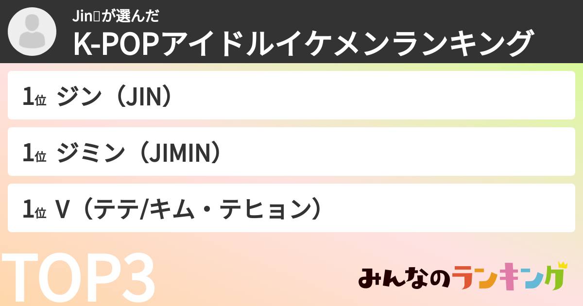 Jin💜さんの「K-POPアイドルイケメンランキング」