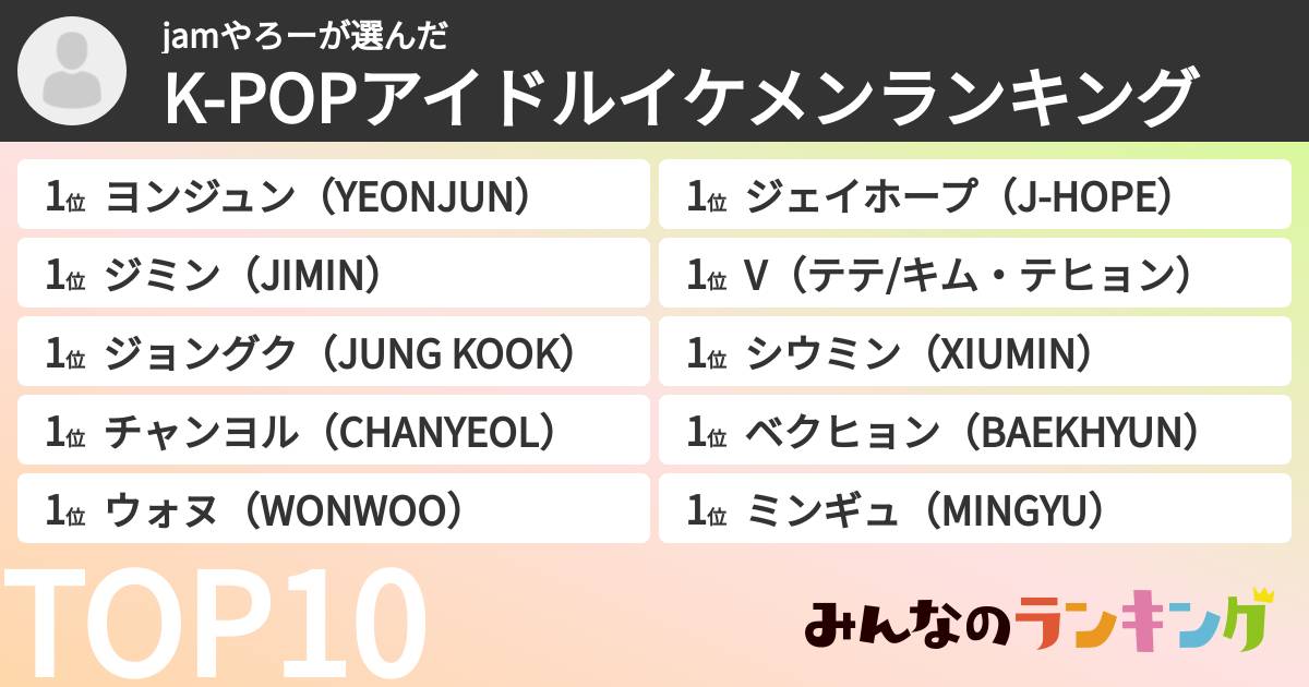 jamやろーさんの「K-POPアイドルイケメンランキング」
