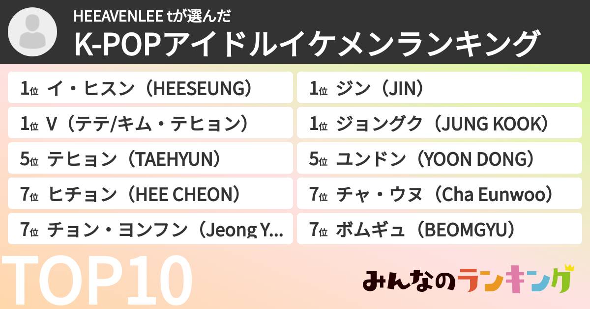 HEEAVENLEE tさんの「K-POPアイドルイケメンランキング」