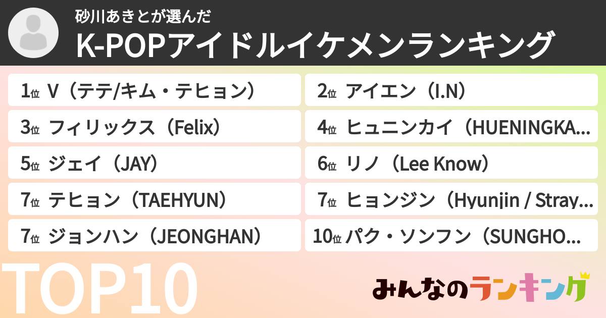 砂川あきとさんの「K-POPアイドルイケメンランキング」