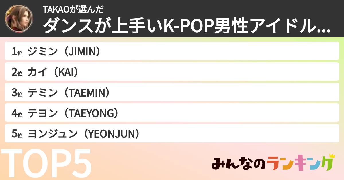 TAKAOさんの「ダンスが上手いK-POP男性アイドルランキング」