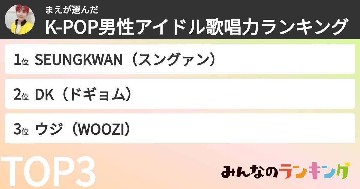 まえさんの「K-POP男性アイドル歌唱力ランキング」