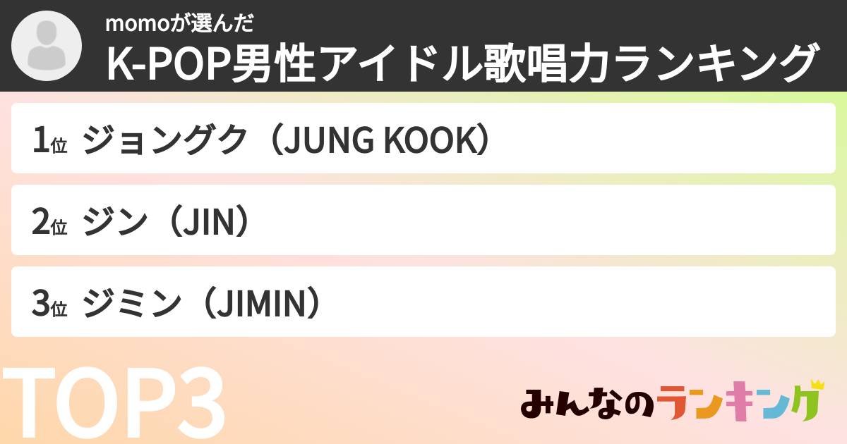 momoさんの「K-POP男性アイドル歌唱力ランキング」