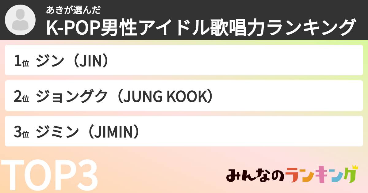 あきさんの「K-POP男性アイドル歌唱力ランキング」