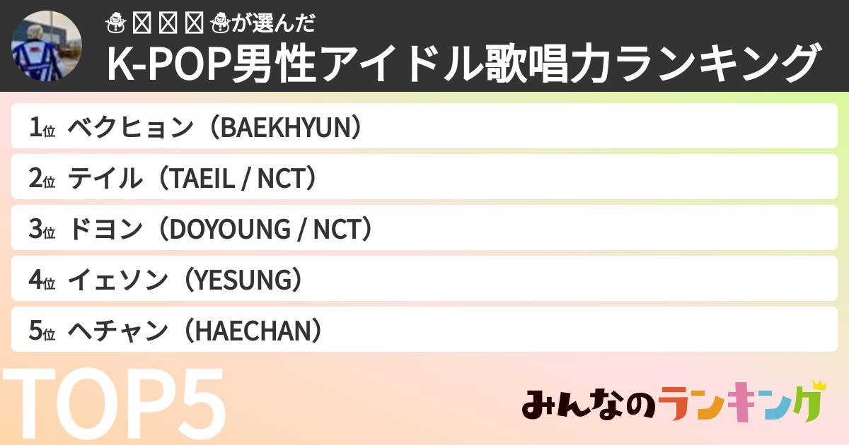 ☃︎ 유 키 노 ☃︎さんの「K-POP男性アイドル歌唱力ランキング」