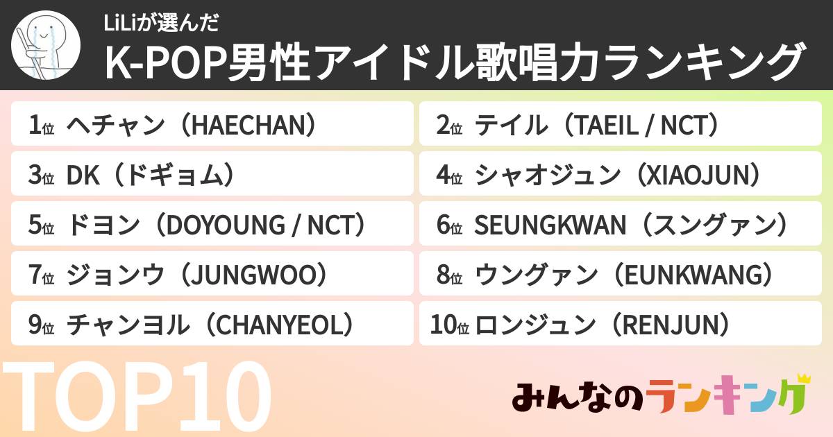 LiLiさんの「K-POP男性アイドル歌唱力ランキング」
