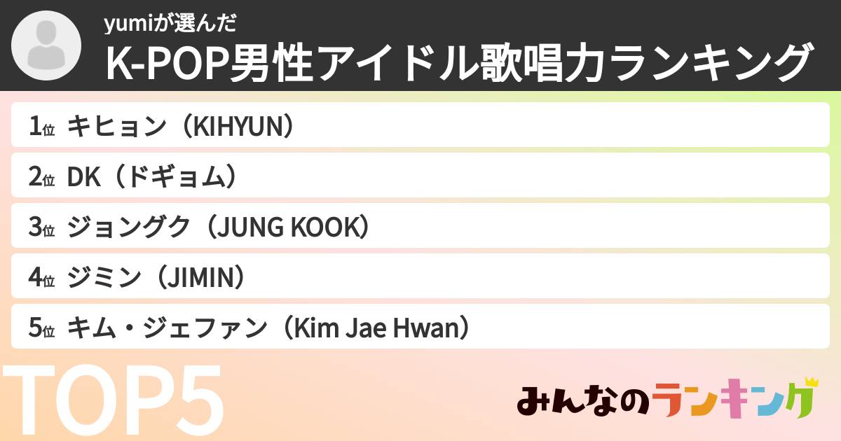 yumiさんの「K-POP男性アイドル歌唱力ランキング」