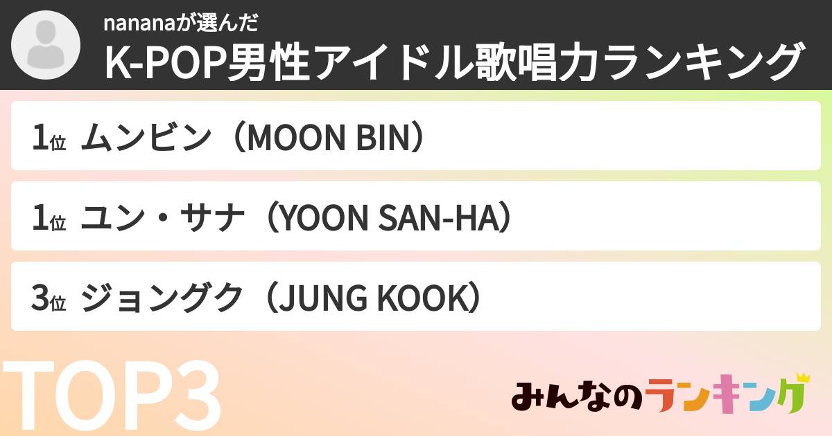 nananaさんの「K-POP男性アイドル歌唱力ランキング」