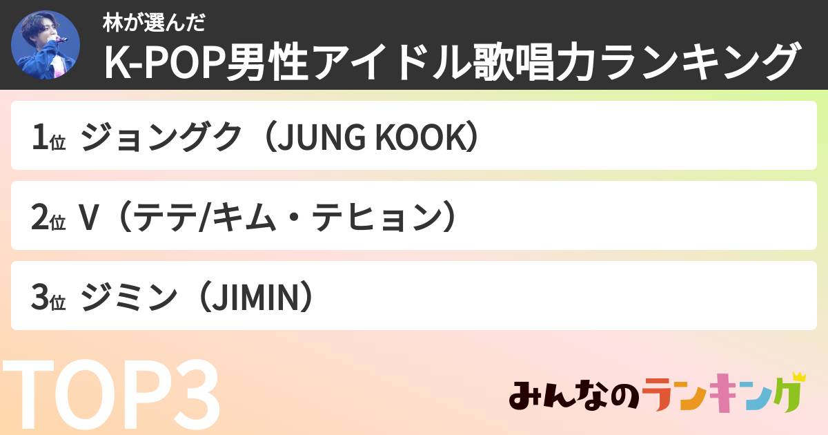 林さんの「K-POP男性アイドル歌唱力ランキング」