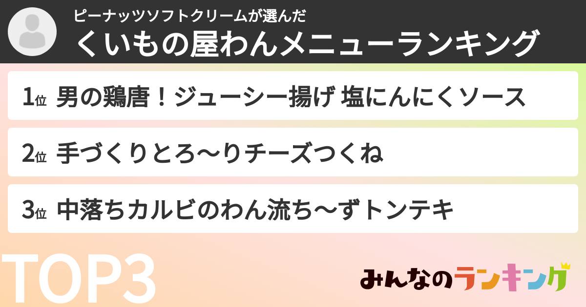 ピーナッツソフトクリームさんの「くいもの屋わんメニューランキング」