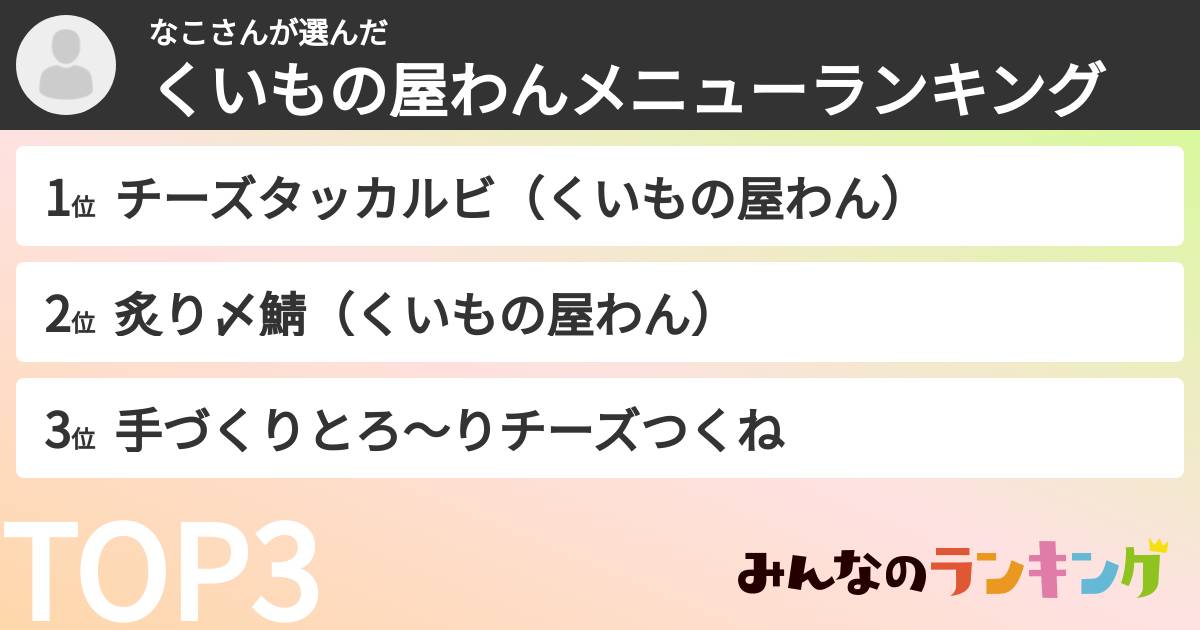 なこさんさんの「くいもの屋わんメニューランキング」