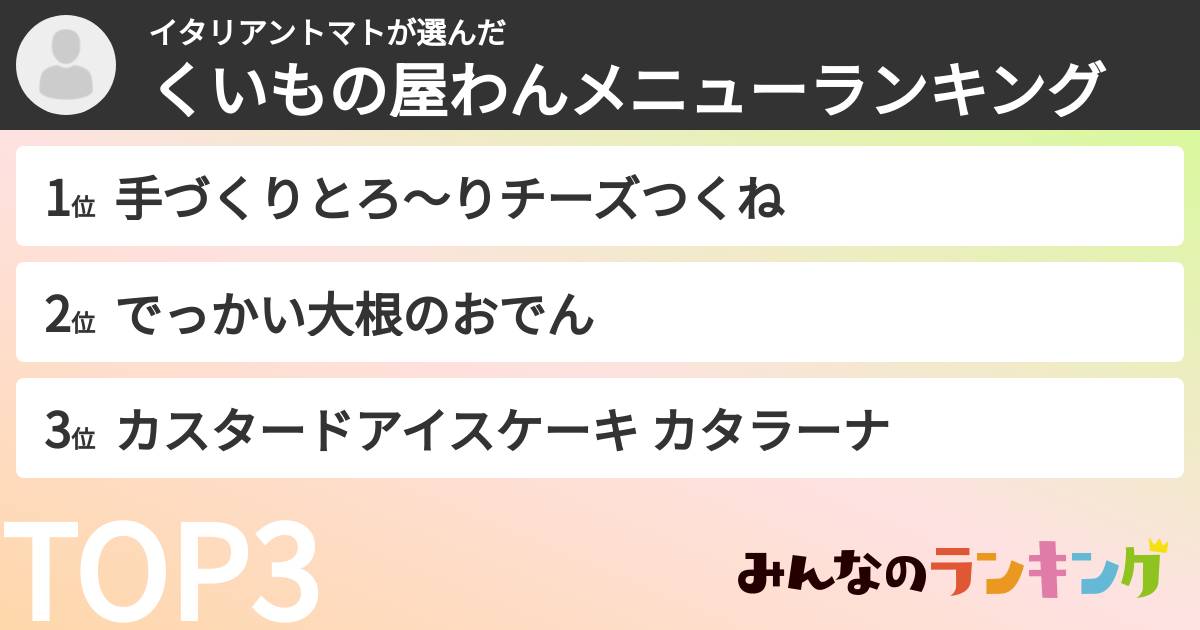 イタリアントマトさんの「くいもの屋わんメニューランキング」