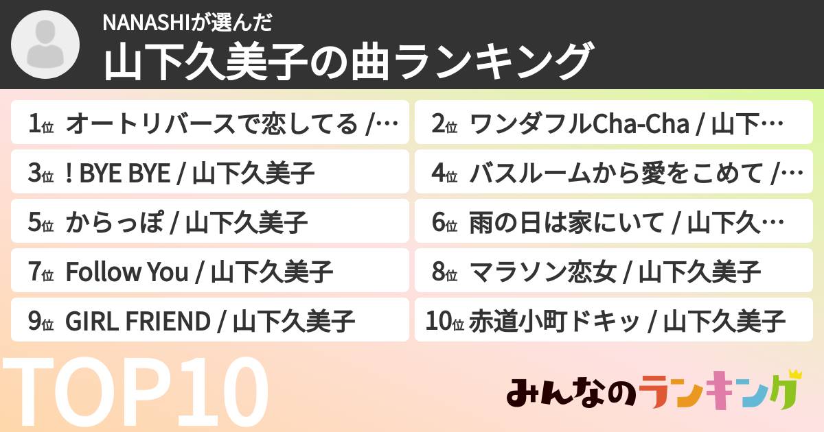NANASHIさんの「山下久美子の曲ランキング」