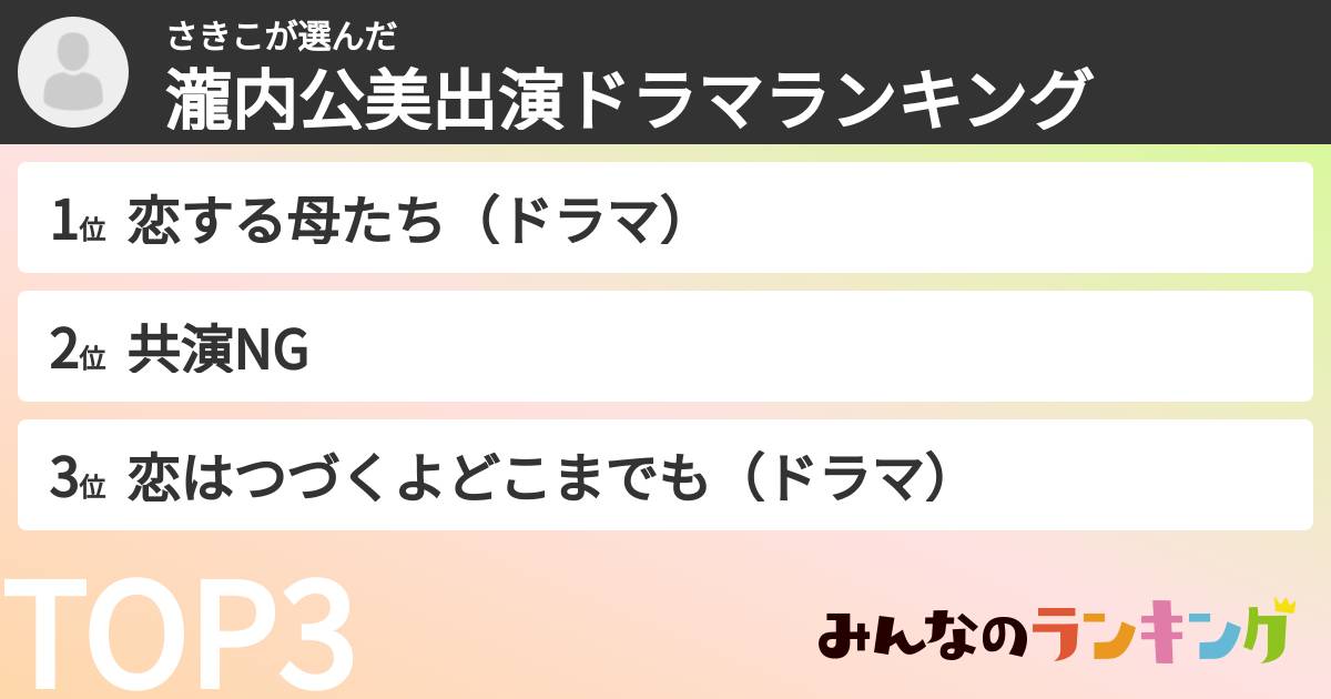 さきこさんの「瀧内公美出演ドラマランキング」