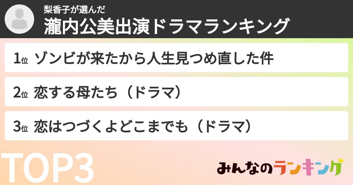 梨香子さんの「瀧内公美出演ドラマランキング」