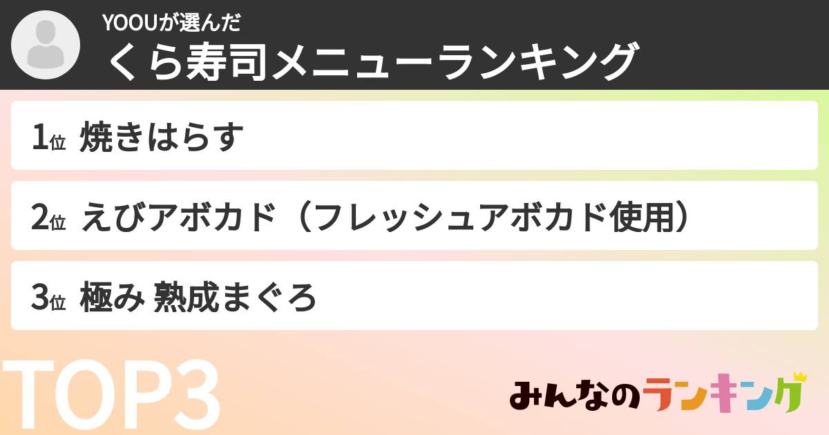 YOOUさんの「くら寿司メニューランキング」