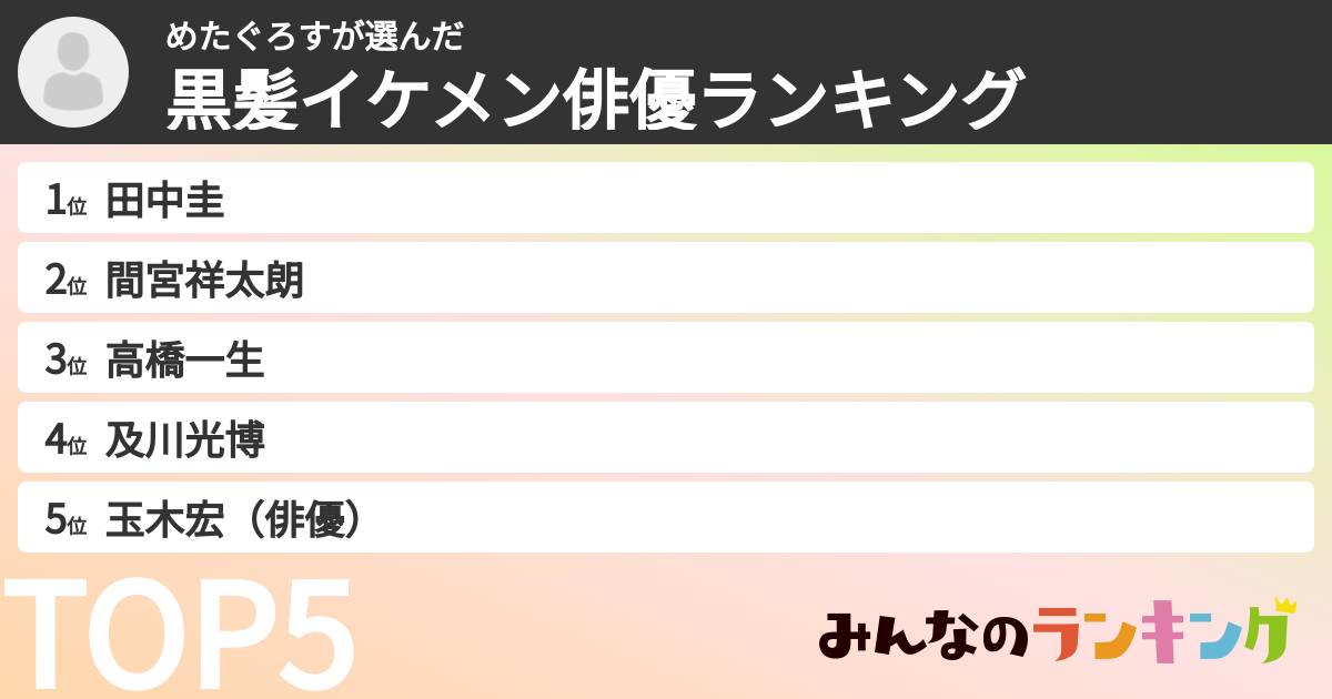 めたぐろすさんの「黒髪イケメン俳優ランキング」