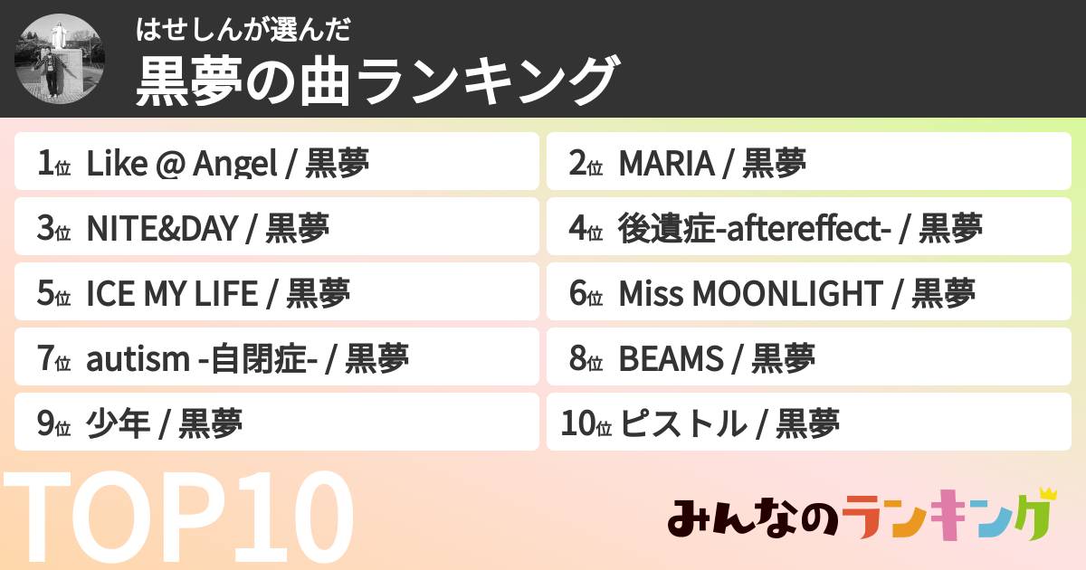 はせしんさんの「黒夢の曲ランキング」